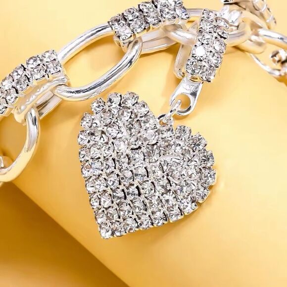 Glamorous Diamond Elegant Silver Rhinestone Heart Pendant  Neck Chain Necklace - Picture 5 of 5